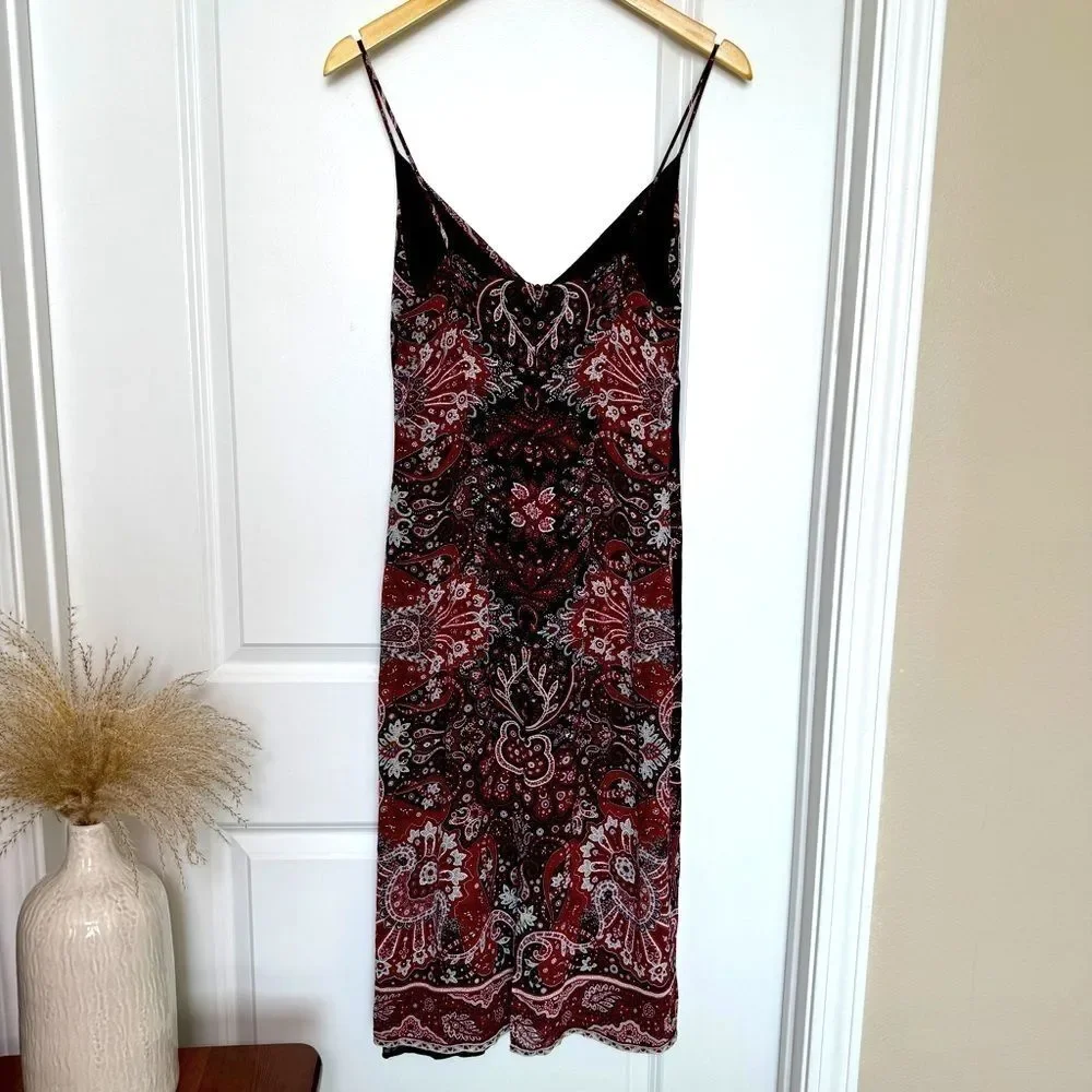 Vintage 90s Slip Dress Paisley Burgundy Grunge Y2K Spaghetti Strap - Picture 2 of 14